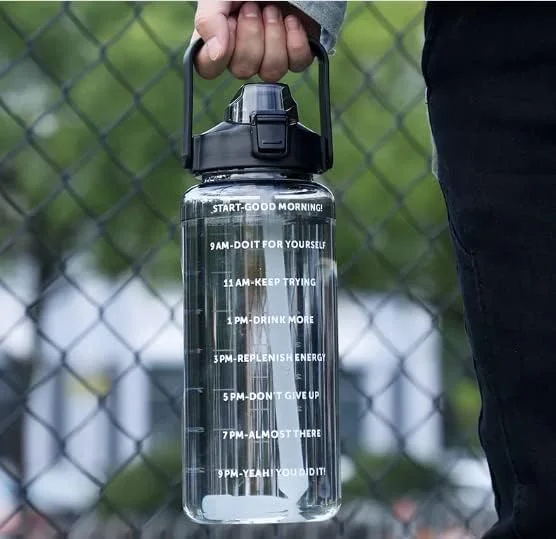 Motivational Water Bottle with Straw & Time Marker | Leakproof BPA-Free Fitness Bottle 2L | Black image 1