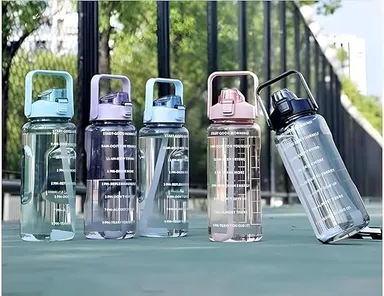 Motivational Water Bottle with Straw & Time Marker | Leakproof BPA-Free Fitness Bottle 2L | Black thumbnail 3