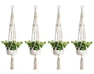  Macrame Cotton Boho Plant Hanger Set of 4| Rope Flower Pot Holder Without Pot | Indoor Outdoor White Balcony Use