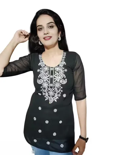 Short Embroidered Kurti for Women | Black Half Sleeve Georgette | Casual & Party Wear Top | Size M thumbnail 0