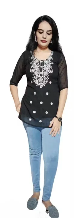 Short Embroidered Kurti for Women | Black Half Sleeve Georgette | Casual & Party Wear Top | Size M image 2