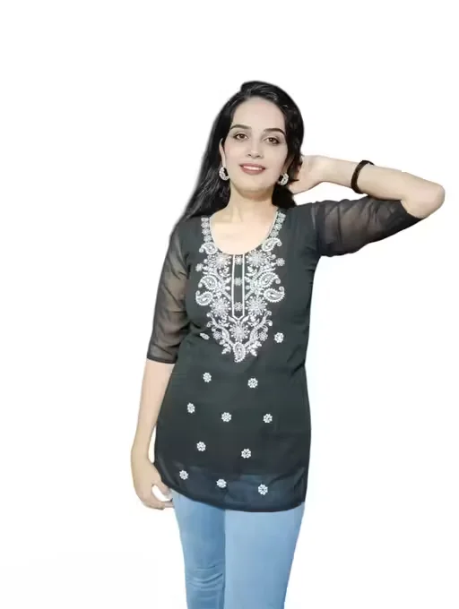 Short Embroidered Kurti for Women | Black Half Sleeve Georgette | Casual & Party Wear Top | Size M image 3