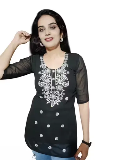 Short Embroidered Kurti for Women | Black Half Sleeve Georgette | Casual & Party Wear Top | Size M thumbnail 3