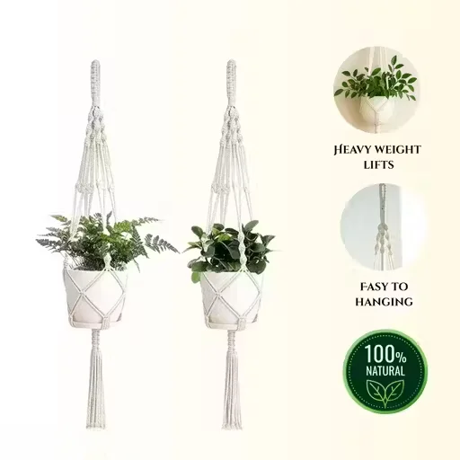 Macrame Plant Hanger Set of 2| Cotton Rope Off‑White | Boho Wall Decor & Indoor Outdoor Balcony Use image 2