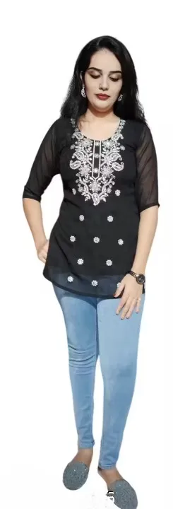 Chikankari Short Kurti for Women L Size | Stylish Embroidered Georgette Kurti | Casual & Party Wear Kurta Top thumbnail 1