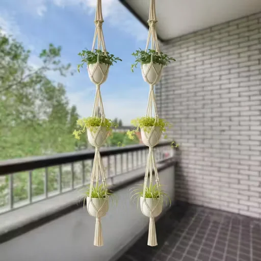 Macrame Hanging Planters | Handmade 3-Tier Cotton Rope Pot Hangers | Indoor & Balcony Plant Holders image 3