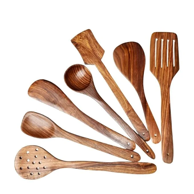 7 Piece Wooden Spoons and Spatula Set | Long Handle Kitchen Utensils | Eco-Friendly Non-Stick Safe Cooking Tools | Wooden Ladles & Cooking Spoons image 1