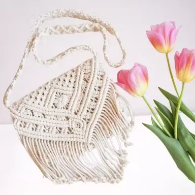  Handmade Macrame Mobile Sling Bag for Women | Lightweight Boho Crochet Crossbody Pouch | Summer Beach Cotton Sling Bag, Natural White thumbnail 0