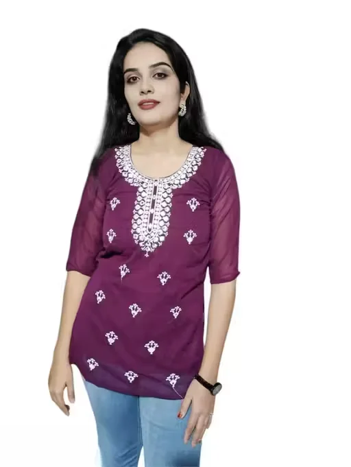 Trendy Wear | Chikankari Short Kurti for Women M Size | Stylish Embroidered Georgette Kurti | Casual & Party Wear Kurta Top image 1