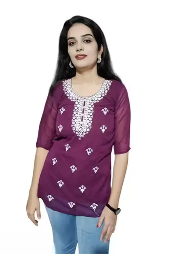 Trendy Wear | Chikankari Short Kurti for Women M Size | Stylish Embroidered Georgette Kurti | Casual & Party Wear Kurta Top thumbnail 0