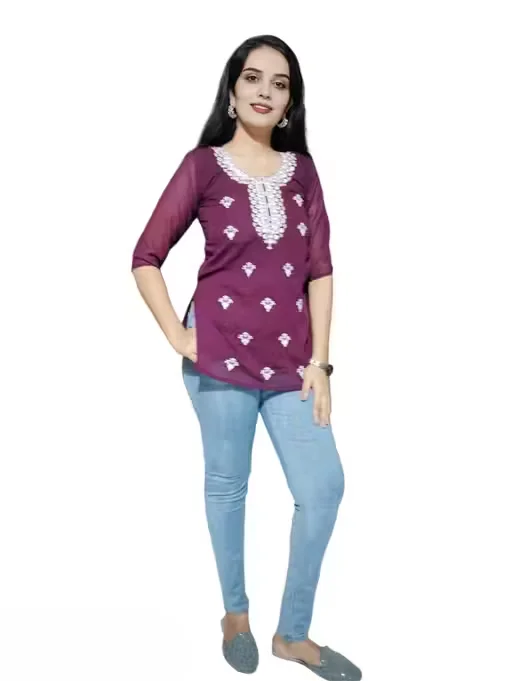 Trendy Wear | Chikankari Short Kurti for Women M Size | Stylish Embroidered Georgette Kurti | Casual & Party Wear Kurta Top image 3