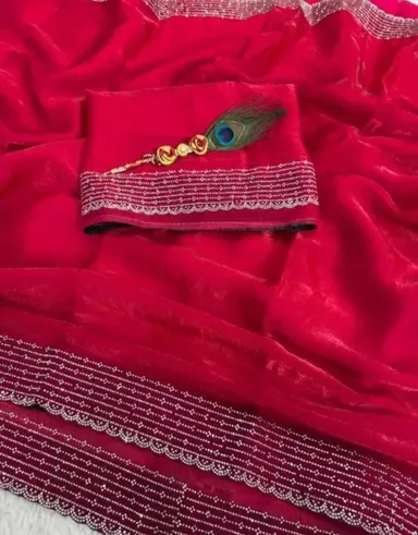 Red Chiffon Saree | Embellished Designer Party Wear Saree | Bridal Red Saree  thumbnail 1