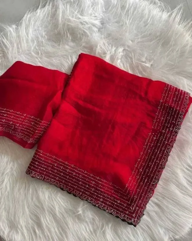 Red Chiffon Saree | Embellished Designer Party Wear Saree | Bridal Red Saree  image 3