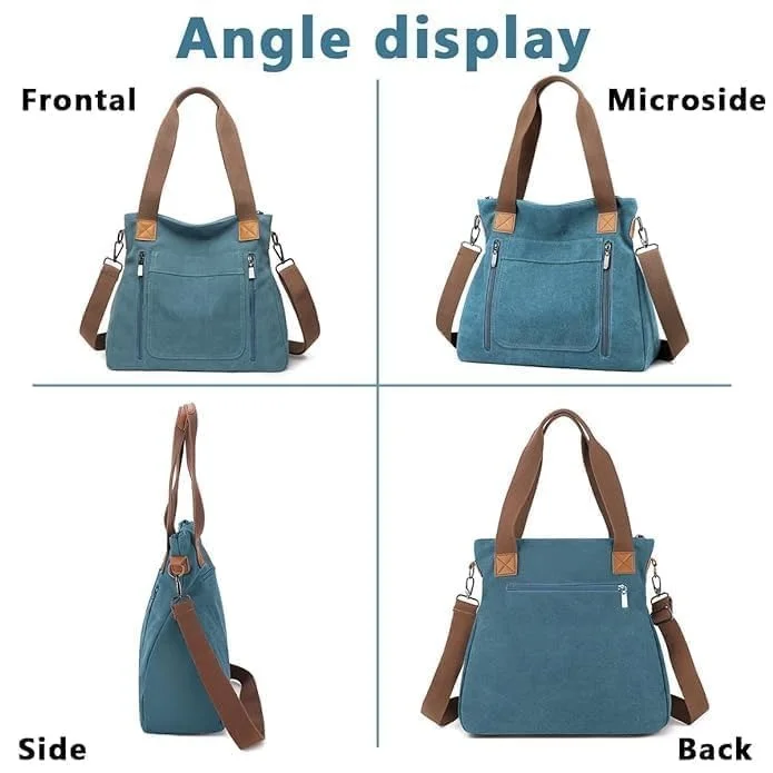 Vrutwa Canvas Tote Bag for Women |  Large Capacity Shoulder Bag with Multi-Compartments |Blue image 2