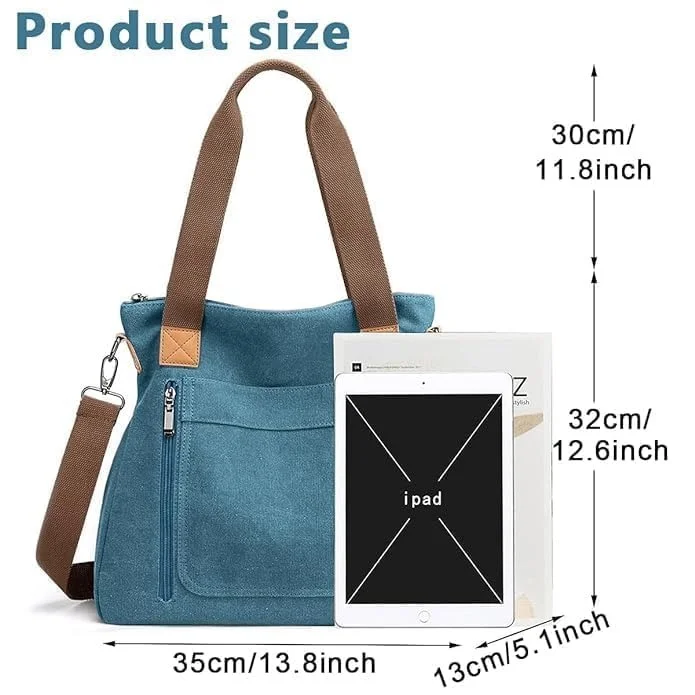 Vrutwa Canvas Tote Bag for Women |  Large Capacity Shoulder Bag with Multi-Compartments |Blue image 3