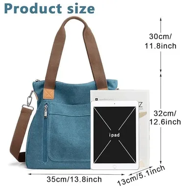 Vrutwa Canvas Tote Bag for Women |  Large Capacity Shoulder Bag with Multi-Compartments |Blue thumbnail 2