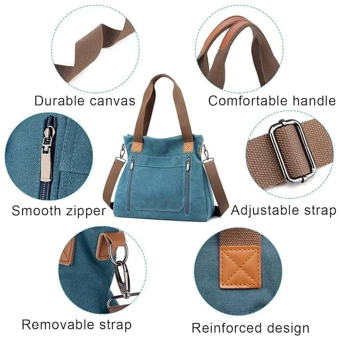 Vrutwa Canvas Tote Bag for Women |  Large Capacity Shoulder Bag with Multi-Compartments |Blue image 4