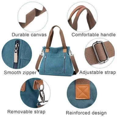 Vrutwa Canvas Tote Bag for Women |  Large Capacity Shoulder Bag with Multi-Compartments |Blue thumbnail 3