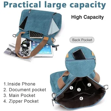 Vrutwa Canvas Tote Bag for Women |  Large Capacity Shoulder Bag with Multi-Compartments |Blue thumbnail 4