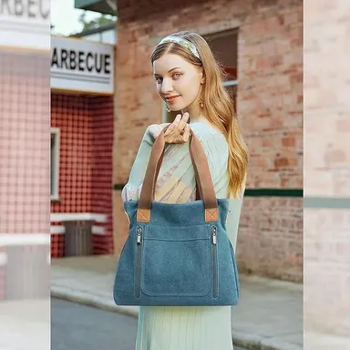 Vrutwa Canvas Tote Bag for Women |  Large Capacity Shoulder Bag with Multi-Compartments |Blue thumbnail 5