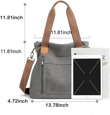 Vrutwa Canvas Tote Bag for Women | Large Capacity Shoulder Bag with Multi-Compartments | Grey thumbnail 1