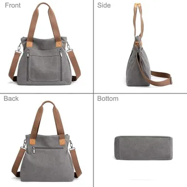 Vrutwa Canvas Tote Bag for Women | Large Capacity Shoulder Bag with Multi-Compartments | Grey thumbnail 2