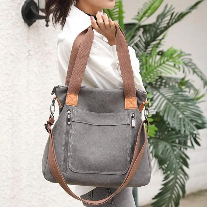Vrutwa Canvas Tote Bag for Women | Large Capacity Shoulder Bag with Multi-Compartments | Grey image 4