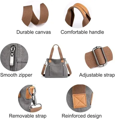 Vrutwa Canvas Tote Bag for Women | Large Capacity Shoulder Bag with Multi-Compartments | Grey thumbnail 5