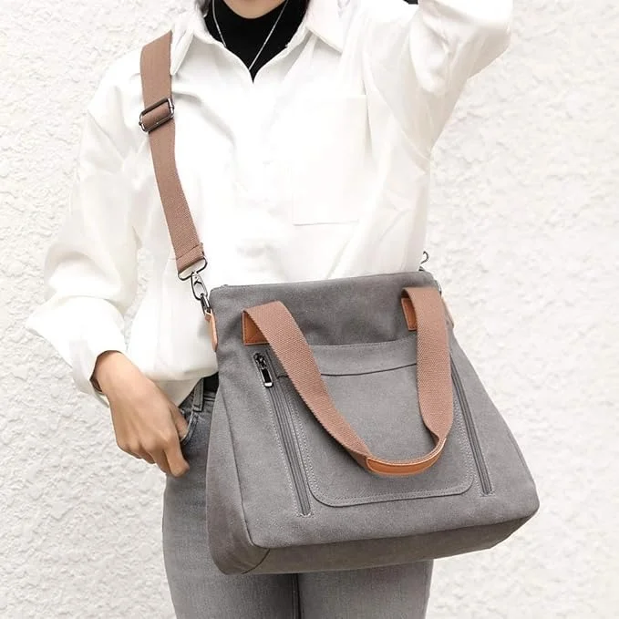 Vrutwa Canvas Tote Bag for Women | Large Capacity Shoulder Bag with Multi-Compartments | Grey image 7