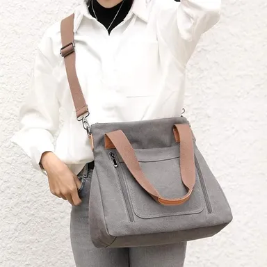 Vrutwa Canvas Tote Bag for Women | Large Capacity Shoulder Bag with Multi-Compartments | Grey thumbnail 6