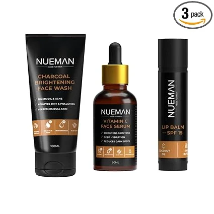 NUEMAN Charcoal Brightening Face Wash| Vitamin C Face Serum| Lip Balm SPF 15 Combo for Men| Activated Charcoal| 2% Salicylic Acid| Niacinamide| Shea Butter | Skincare Routine for Oily & Acne-Prone Skin image 1
