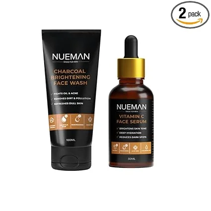 NUEMAN Charcoal Face Wash & Vitamin C Serum Combo for Men | Acne Fighting| Skin Brightening| Niacinamide| 100ml Face Wash| 30ml Serum | Dermatologically Tested image 1