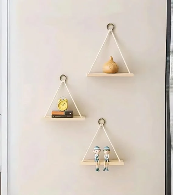 Wooden Triangle Wall Hanging Shelf 3 Pc Set Rope Hanging Rack Rustic Boho Macrame Decor Shelf for Living Room Bedroom Balcony Indoor Plant Display image 1