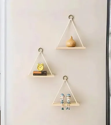 Wooden Triangle Wall Hanging Shelf 3 Pc Set Rope Hanging Rack Rustic Boho Macrame Decor Shelf for Living Room Bedroom Balcony Indoor Plant Display thumbnail 0