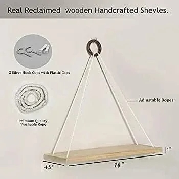 Wooden Triangle Wall Hanging Shelf 3 Pc Set Rope Hanging Rack Rustic Boho Macrame Decor Shelf for Living Room Bedroom Balcony Indoor Plant Display image 2