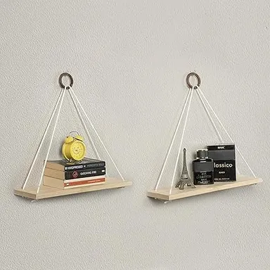 Wooden Triangle Wall Hanging Shelf 3 Pc Set Rope Hanging Rack Rustic Boho Macrame Decor Shelf for Living Room Bedroom Balcony Indoor Plant Display thumbnail 2