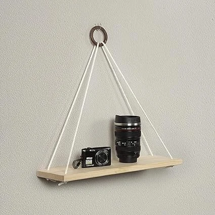 Wooden Triangle Wall Hanging Shelf 3 Pc Set Rope Hanging Rack Rustic Boho Macrame Decor Shelf for Living Room Bedroom Balcony Indoor Plant Display image 4