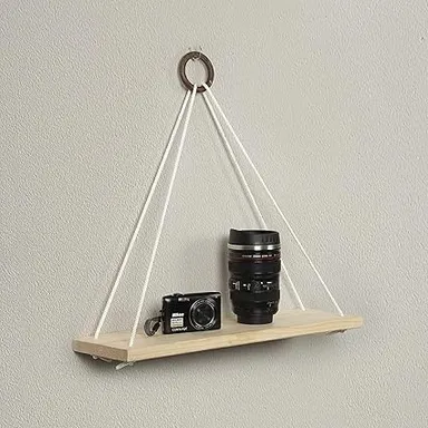Wooden Triangle Wall Hanging Shelf 3 Pc Set Rope Hanging Rack Rustic Boho Macrame Decor Shelf for Living Room Bedroom Balcony Indoor Plant Display thumbnail 3