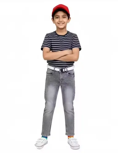 Kids Grey Denim Jeans with Belt 7–8 Years | Trendy Boys Casual Jeans | Stretch Fit Washed Denim Bottoms thumbnail 2