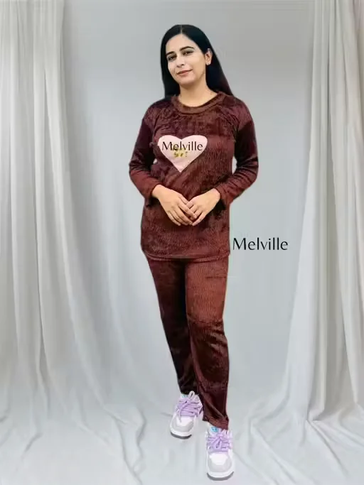 Women Winter Woolen Night Suit | Warm Fur Pyjama Set | Cozy Nightwear | Size M image 1