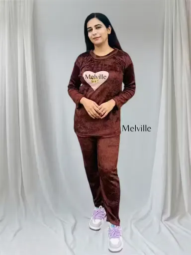 Women Winter Woolen Night Suit | Warm Fur Pyjama Set | Cozy Nightwear | Size M thumbnail 0