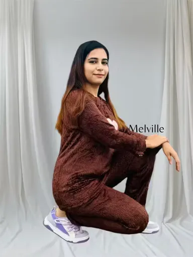 Women Winter Woolen Night Suit | Warm Fur Pyjama Set | Cozy Nightwear | Size M thumbnail 1