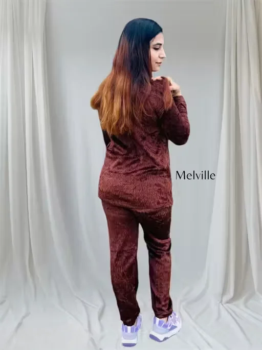 Women Winter Woolen Night Suit | Soft Fur Set | Warm & Cozy Nightwear | Size L image 3