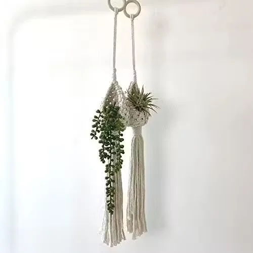 Macrame Cotton Boho Plant Hanger Rope| Handmade Flower Pot Holder| 3-Pocket| Off White| Indoor & Balcony Gardening image 3