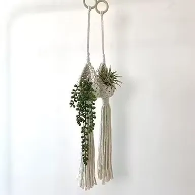Macrame Cotton Boho Plant Hanger Rope| Handmade Flower Pot Holder| 3-Pocket| Off White| Indoor & Balcony Gardening thumbnail 2