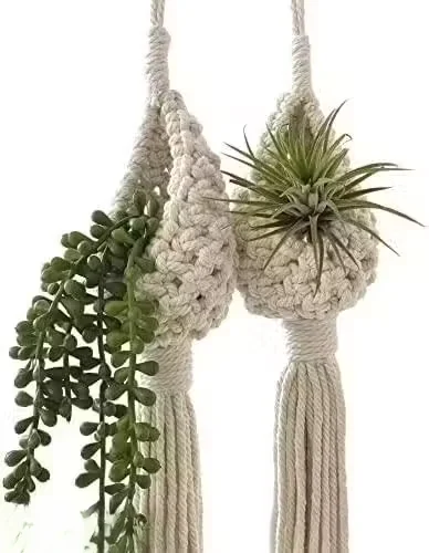 Macrame Cotton Boho Plant Hanger Rope| Handmade Flower Pot Holder| 3-Pocket| Off White| Indoor & Balcony Gardening image 1