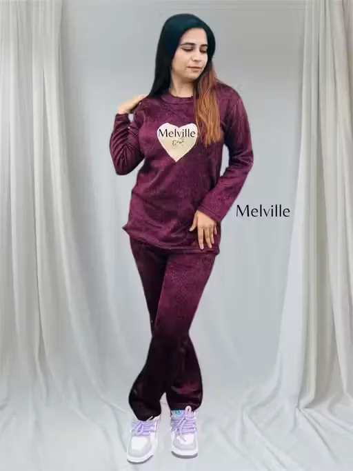 Women Woolen Night Suit Velvet | Winter Warm Nightwear Set | Soft & Durable | Size XL image 1