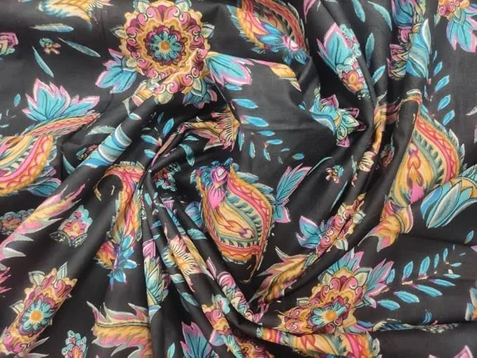 Floral Black Cotton Dress Material Jaipuri Hand Block Print 44 Inch Width 2.5 Meter Fabric for Women Kurtis Sewing image 1