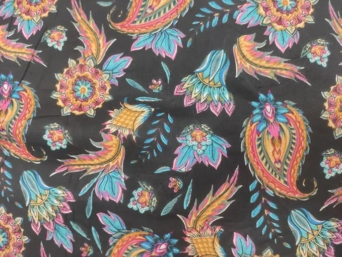 Floral Black Cotton Dress Material Jaipuri Hand Block Print 44 Inch Width 2.5 Meter Fabric for Women Kurtis Sewing image 4