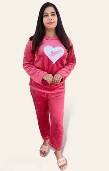 Elegant Coral Woolen Night Suit Set for Women | Warm Winter Pyjamas & Lounge Wear | Size L
